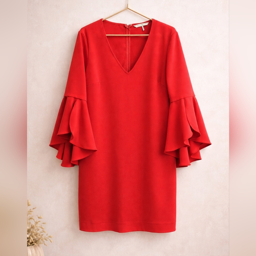 NWOT Trina Turk Size 10 Red V-Neck Dress with Layered Ruffle Sleeves
